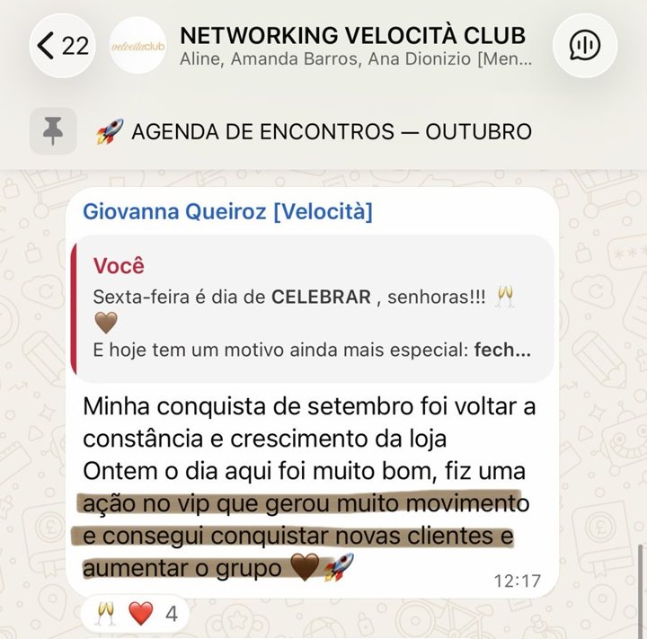Giovanna: minha conquista de setembro foi voltar à constância e crescimento da loja, fiz uma ação no VIP que gerou muito movimento e consegui conquistar novas clientes