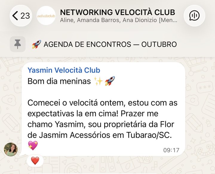 Yasmin, da Flor de Jasmim Acessórios em Tubarão/SC: comecei o Velocità ontem, estou com as expectativas lá em cima