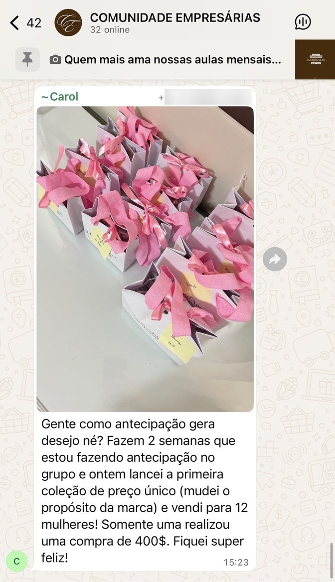 Carol: duas semanas fazendo antecipação no grupo e ontem lancei a primeira coleção de preço único e vendi para 12 mulheres