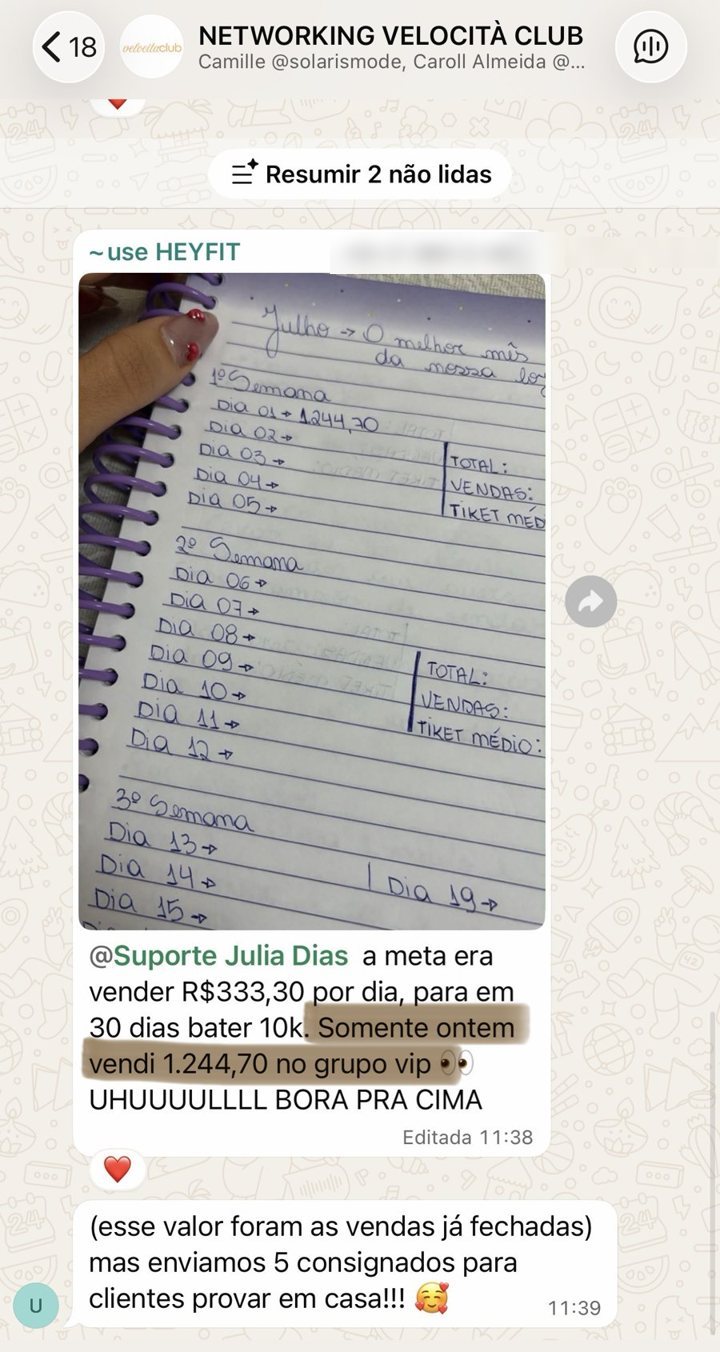 Somente ontem vendi R$ 1.244,70 no grupo VIP, a meta era vender R$ 333,30 por dia para bater 10 mil em 30 dias
